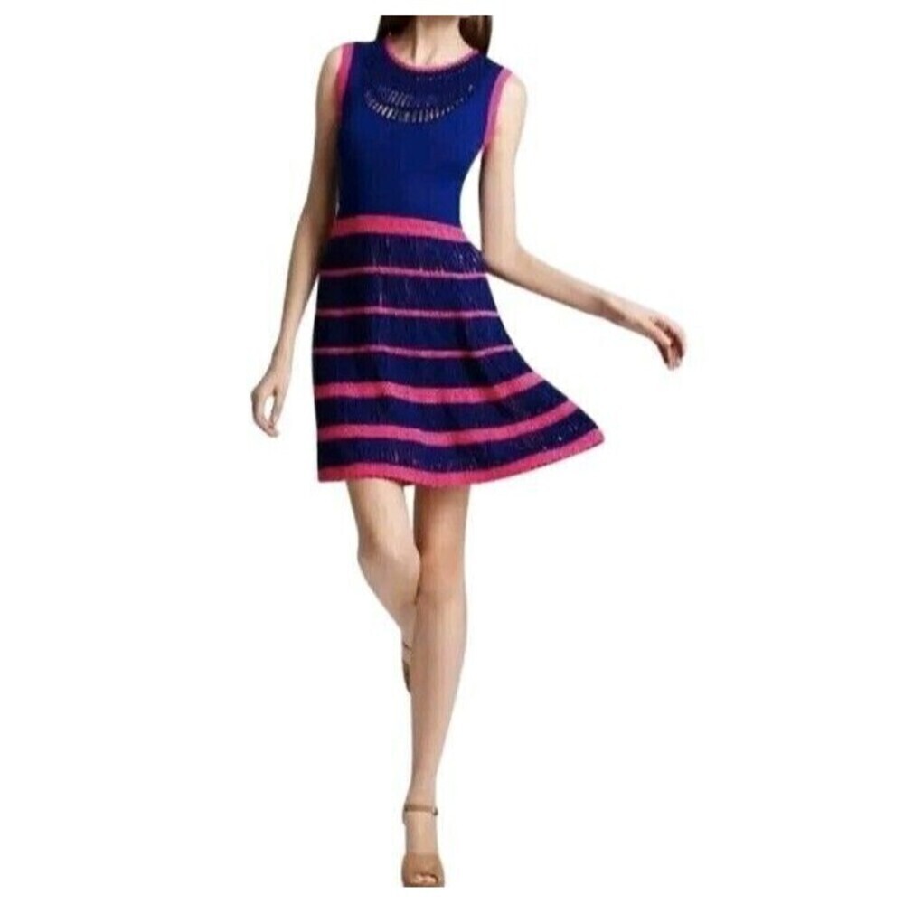 Nanette Lepore Blue Pink Crochet Sweater‎ Dress M